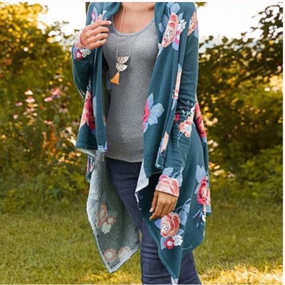 Matilda Jane Sweaters - Matilda Jane 'Cozy Days' Blue/Pink Floral Drape Cardigan